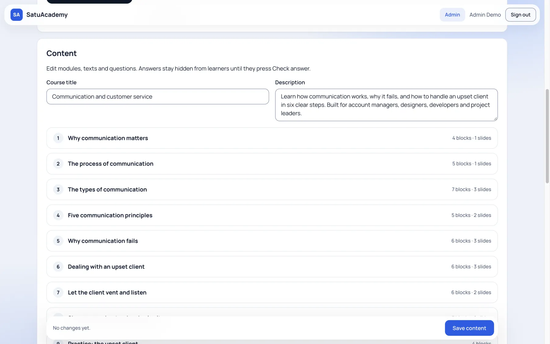The course editor in the app: the modules of a course made by the AI, ready to edit.