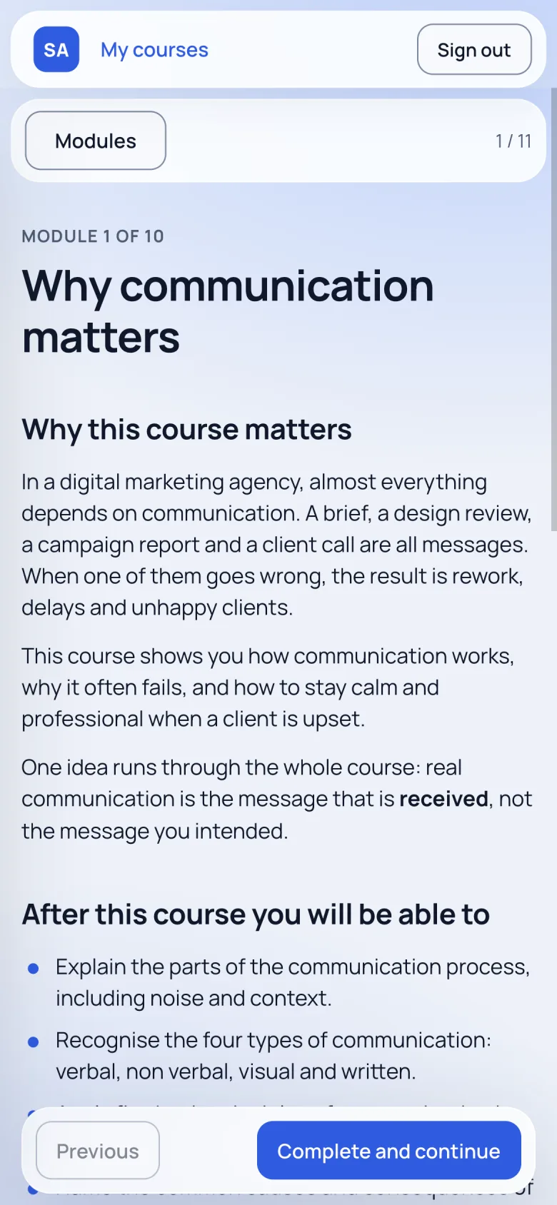 A course lesson on a phone.
